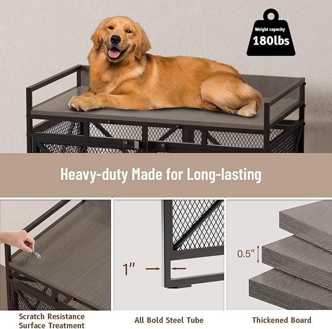 COZPAW Large Dog Crate Furniture, 48 Inch Wooden Dog Kennel for XLarge Dogs, Heavy Duty Dogs Furniture Indoor Wire Dog Cage with Caster Wheels,Decorative Pet House End Table, Textured Gray-PawvioPets