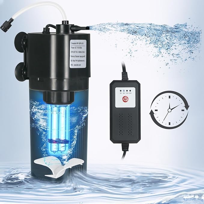 Aquarium U-V Filter for 10-40 gal, 132 GPH Swirl Turbo Design Submersible Internal Turtle Fish Tank Filter w/Timer, Quiet Power Pump Air Supply Green Clean Machine Saltwater Freshwater Green Killing-PawvioPets