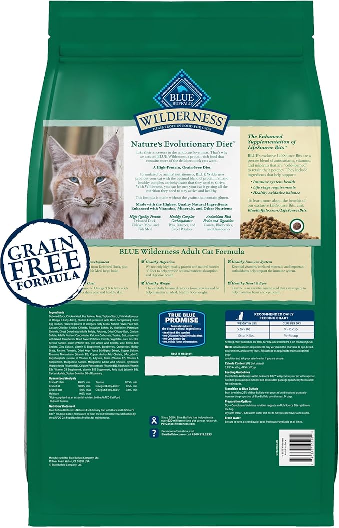 Blue Buffalo Wilderness Healthy Adult Dry Cat Food, Supports Health and Wellness, High-Protein & Grain-Free, Duck, 11-lb Bag-PawvioPets