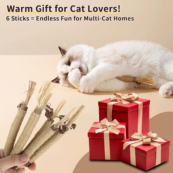 6 Pack Silvervine Cat Chew Toys, Natural Dental Sticks for Indoor Cats, Kittens Teeth Cleaning, Catnip Alternative, Interactive Play, Yellow-PawvioPets