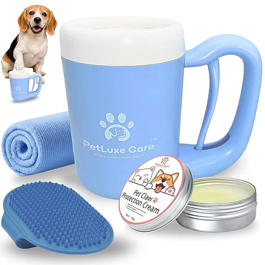 Dog Paw Cleaner for Small & Medium Dogs – Portable Paw Washer Cup with Soft Silicone Brush, Towel & Moisturizing Balm – Gently Cleans Muddy Paws After Walks (Blue, Medium)-PawvioPets