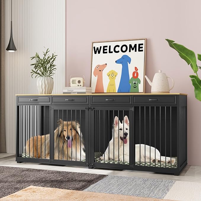 Extra Large Dog Crate with Double Rooms, 93" Heavy Duty Wooden Dog Cage Furniture Dog Crate Kennel w/Drawers & Removable Divider,Indoor Luxury Dog House for Large Dogs,Black-PawvioPets