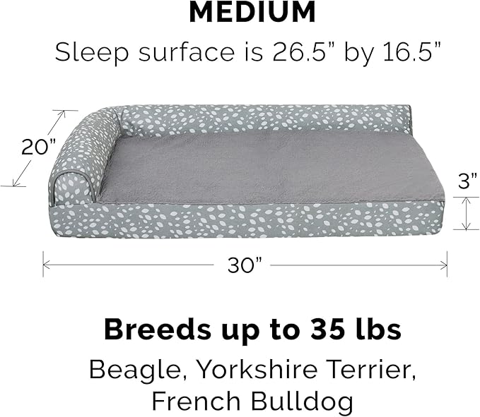 FurHaven Supportive Cooling Memory Foam L Chaise Dog Bed with Washable & Removable Cover - Plush & Almond Print - Gray Almonds, Dogs Up to 35 lbs - Medium-PawvioPets