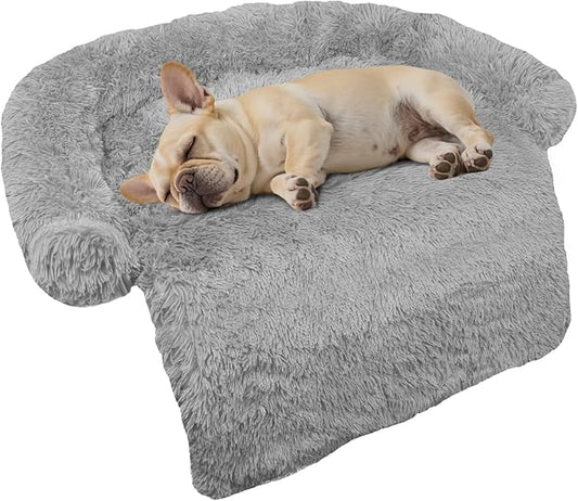 GGIB Calming Dog Bed Fluffy Plush Dog Mat for Furniture Protector with Removable Washable Cover for Large Medium Small Dogs and Cats (Small,Grey)-PawvioPets