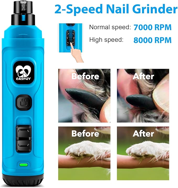 Casfuy Dog Nail Grinder with 2 LED Light - New Version 2-Speed Powerful Electric Pet Nail Trimmer Professional Quiet Painless Paws Grooming & Smoothing for Small Medium Large Dogs(Bright Blue)-PawvioPets