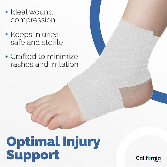 California Basics Self Adhesive Bandage Wrap - Self Adhering Non Woven Cohesive Bandage Rolls - Stretch Wrap - Multi Colored Athletic Tape for Wrist - Waterproof (2 inch- 12 Pack- White)-PawvioPets