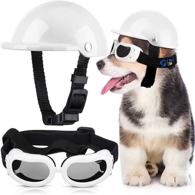 Frienda Dog Helmet and Goggles, UV Protection Doggy Sunglasses and 4 Inch Padded Puppy Motorcycle Helmet Adorable Dog Goggles with Adjustable Belt for Small Dogs Puppy Riding(White,S)-PawvioPets