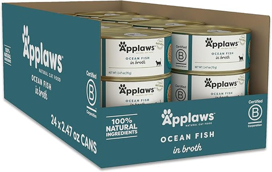 Applaws Natural Wet Cat Food, 24 Count, Limited Ingredient Canned Wet Cat Food, Ocean Fish in Broth, 2.47oz Cans-PawvioPets