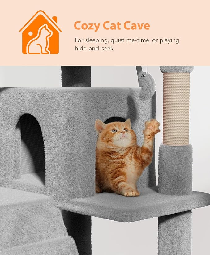 70'' Cat tree Tower for Indoor Cats Large Adult,Cute/Tall Modern Cat Tree for Big Cats 20 lbs,Plush Multi-Level Cat Condo with Scratching Posts,Dangling Ball for fun play(Light Gray, 70 inch)-PawvioPets