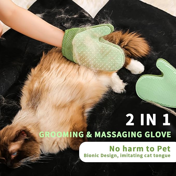 2 in 1 Pet Fur Glove & Cat Hair Remover Glove, Dog Grooming Glove Brush for Shedding, Massage, Efficient Pet Hair Remover Mitt for Couch, Carpet [Green/Single]-PawvioPets