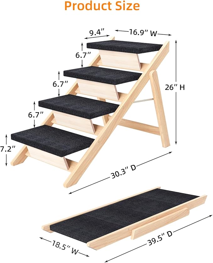 Dog Stairs/Ramp for Bed, Wooden Convertible Pet Steps, Portable Dog Ladder Up to 180 Pound for Elderly/Short-Legged Dogs, 4 Steps for Beds, Couch, Cars-PawvioPets