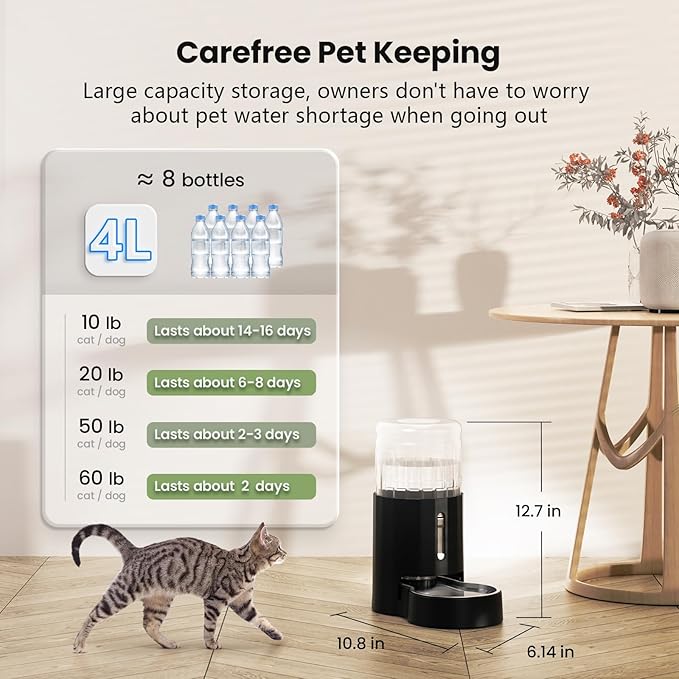 CZPET Automatic 4L/1Gal/135Oz Cat Water Dispenser with Stainless Steel Bowl, Gravity Waterer for Small Medium Dog Puppy Kitten (Black)-PawvioPets