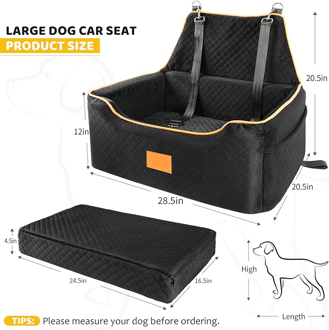 Dog Car Seat for Large/Medium Dog, Booster Seat for Dogs Under 55Lbs or 2 Small, Detachable and Washable Travel Pet Seat with Thick Cushion and Storage Pockets (Black)-PawvioPets