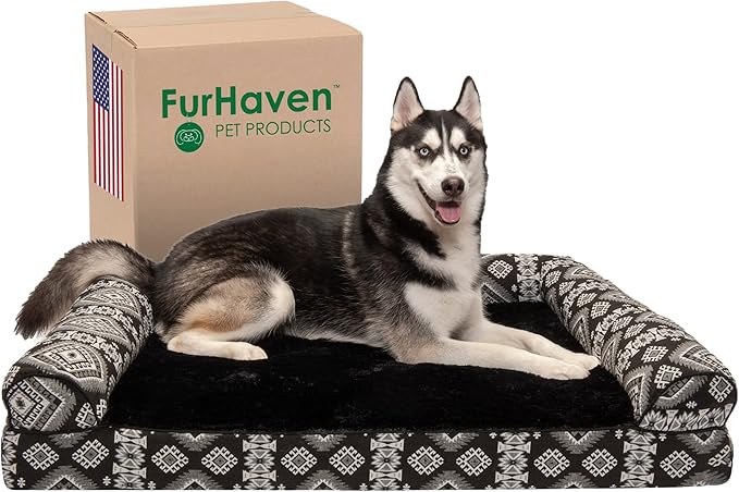 Furhaven Orthopedic Dog Bed for Large Dogs w/ Removable Bolsters & Washable Cover, For Dogs Up to 95 lbs - Plush & Southwest Kilim Woven Decor Sofa - Black Medallion, Jumbo/XL-PawvioPets