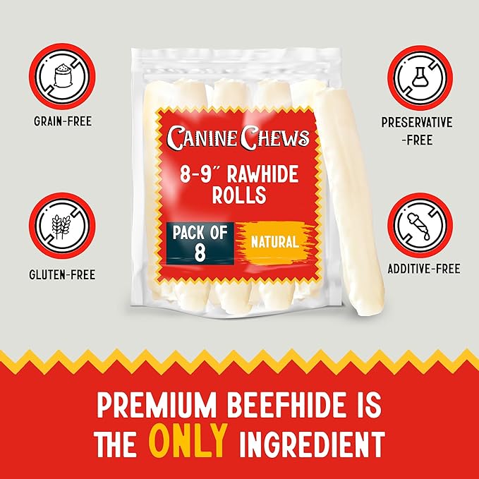 Canine Chews 8-9" Retriever Roll Rawhide Bones for Large Dogs - Durable, Thick Rawhide Bones, Quality Dog Rawhide Chews for Medium to Large Dogs, Thick Size Keeps Dogs Occupied (8 Pack)-PawvioPets