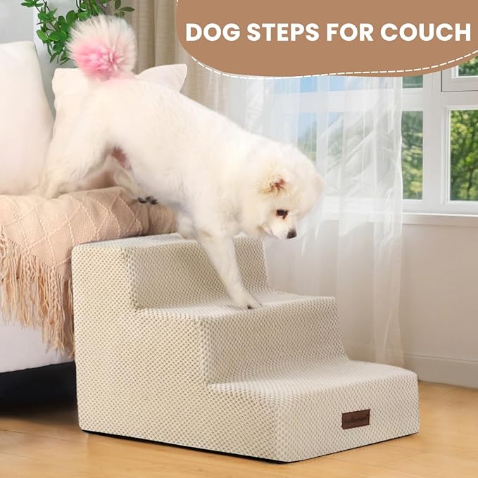 Dog Stairs for Small Dogs & Cats, 3-Step Non-Slip Pet Steps for Couch Sofa and Chair, Beige, 13.6" H-PawvioPets