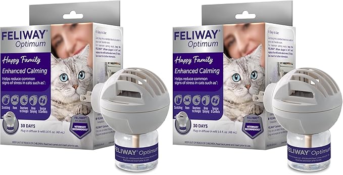 FELIWAY Optimum Cat, Enhanced Calming Pheromone Diffuser, 30 Day Starter Kit (48 mL), Translucent (Pack of 2)-PawvioPets