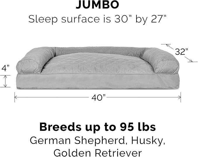 Furhaven Pillow Dog Bed for Large Dogs w/ Removable Bolsters & Washable Cover - Quilted Sofa - Silver Gray, Jumbo/XL-PawvioPets