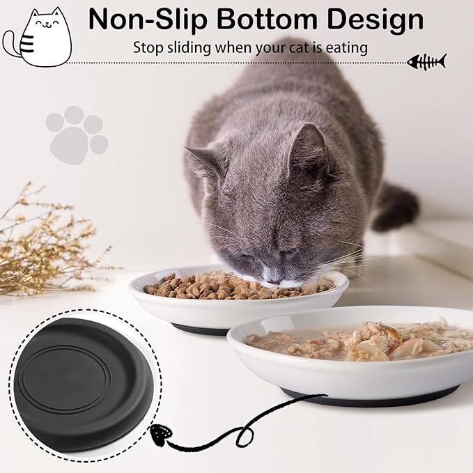 Cat Food Bowl,Healthy Ceramic Cat Bowls for Indoor Cats,Anti Whisker Fatigue Cats Dishes Set,Shallow Wide Kitten Plates for Food and Water,Non-Slip Silicone Bottom,3 Pack-PawvioPets