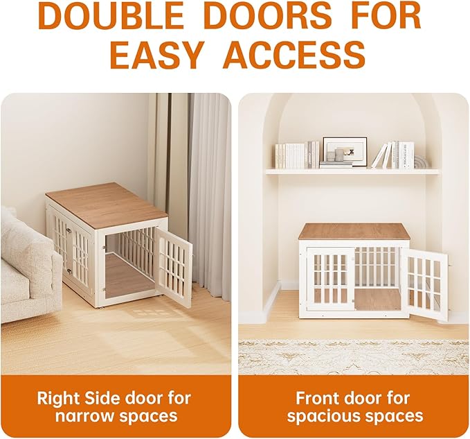 32" Heavy Duty Dog Crate Furniture for Small,Medium and Large Dogs,Rustic Wooden Dog Cage Kennel Indoor Furniture with Waterproof Top,Decorative Pet House Side End Table (White & Wood)-PawvioPets