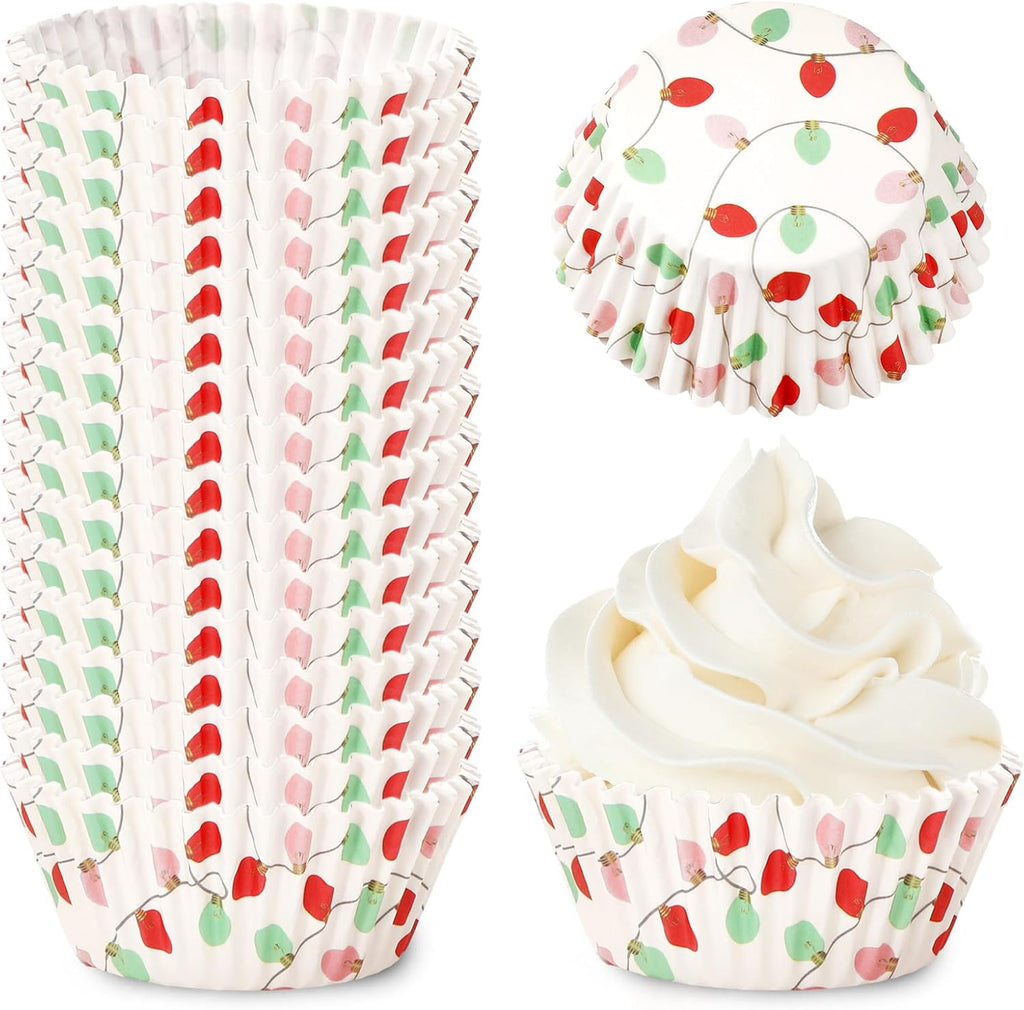 Whaline 300Pcs Christmas Paper Baking Cups Light Bulb Cupcake Liners Xmas Winter Muffin Liner Cake Paper Cups Storage Container for Holiday Party DIY Craft, 2 x 1.2 Inch