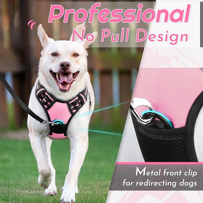 Eagloo Dog Harness Large Breed, No Pull Service Vest with Reflective Strips and Control Handle, Adjustable and Comfortable for Easy Walking, No Choke Pet Harness with 2 Metal Rings, Pink, XL-PawvioPets