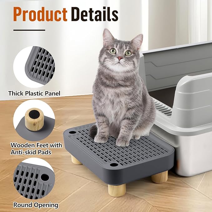 Cat Litter Box Step Ramp, Cat Litter Catcher Mat with Wooden Feet, Filter Function, Cat Pedal Stool for Self-Cleaning Cat Litter Box, Ideal for Kitten & Elderly Cats (Dark Grey)-PawvioPets