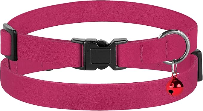 Breakaway Cat Collar Leather with Removable Bell - 13 Colors Available - Soft Adjustable Girl Boy Safety Lightweight Pet Kitten Collars Pink Brown Blue Green Red Orange Black (Pink)-PawvioPets