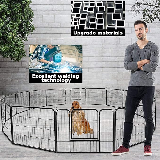 BestPet Dog Playpen Indoor 32 inch 16 Panels Metal Dog Pen Pet Dog Fence Outdoor Exercise Pen with Doors,Pet Puppy Playpen for RV Camping Yard, Black-PawvioPets