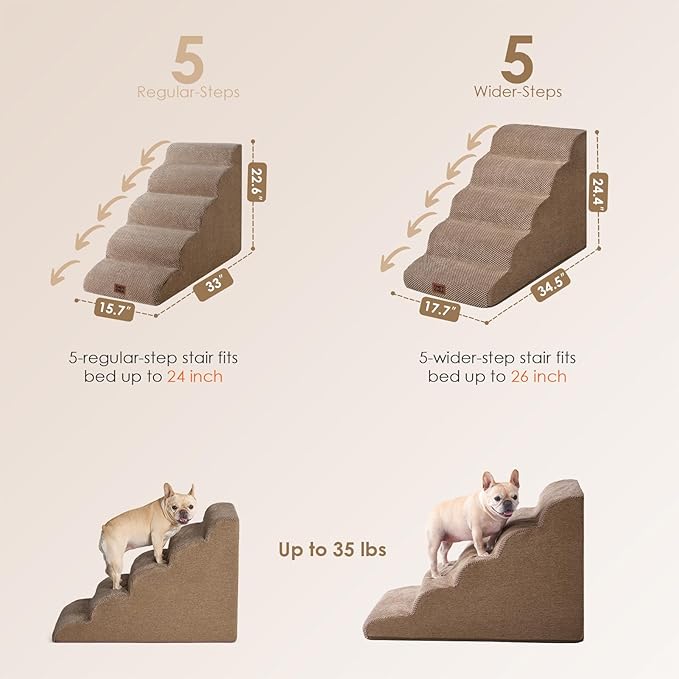 EHEYCIGA Curved Dog Stairs Ramp for High Beds, 5-Step Extra Wide Dog Steps for Small Dogs and Cats, Pet Stairs for High Bed Climbing, Non-Slip Balanced Pet Step Indoor, Camel-PawvioPets