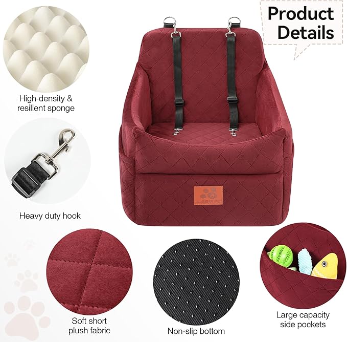 Dog Car Seat for Small/Medium Dogs, Dog Booster Car Seats with Thick Cushion for Dogs Under 35lbs, Detachable Washable Pet Car Seat with Storage Pockets, 2 Safety Belts(Red)-PawvioPets