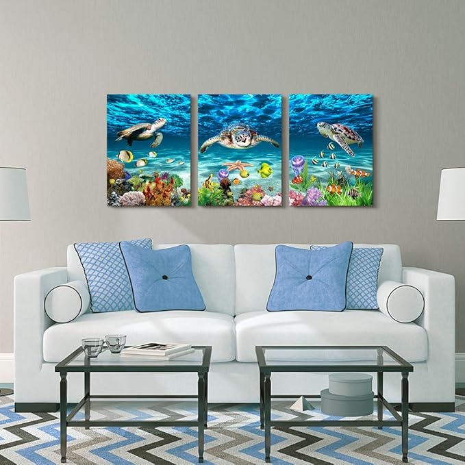 Canvas Wall Art for Living Room Large Size Wall decor for Bedroom Bathroom Wall Decoration blue Ocean Sea Turtle Paintings Modern shark Pictures Artwork office Decor Ready to Hang 16" x 24" 3 Piece-PawvioPets