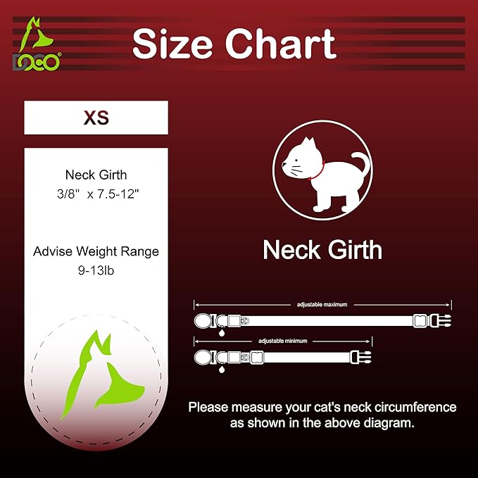 DOCO Cat Collar (Neck Girth - 3/8" x 7.5-12", Weight Upto - 13lb) Reflective Cat Collar with Bell, Breakaway Safety Buckle, Adjustable Nylon Strap for Kittens & Adult Cats (Red)-PawvioPets