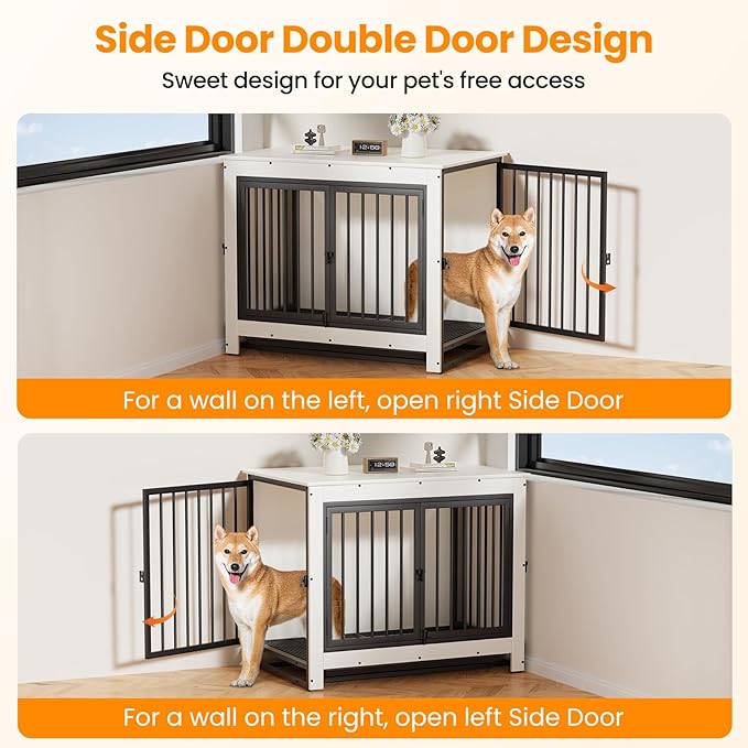 Dog Crate Furniture, Dog Crate End Table for Medium and Large Dogs,Wooden Cage Kennel Furniture Indoor, Modern Dog Crate with Multi-Purpose Removable Tray, Double-Doors Dog Furniture, White-PawvioPets
