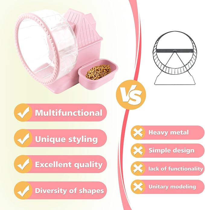 4 in 1 Silent Large Hamster Wheel Multifunctional Hamster Running Wheel Quite Running Spinner Wheel Accessories with Food Bowl Water Bottle for Hamsters Dwarf Gerbil (Pink)-PawvioPets