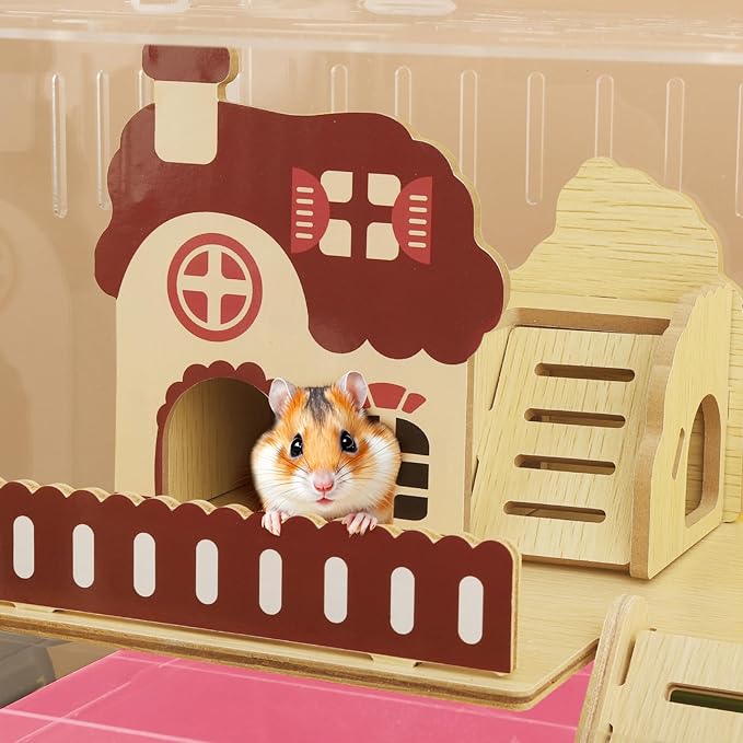 8 in 1 Clear Acrylic Hamster Cage with All Accessories,13.5''L* 10''W* 13''H Dwarf Hamster Cage,Small Hamster Habitat,Garden Style Mouse Cage for Pet Mice,Hamster Enclosure(1-Layer,Pink)-PawvioPets