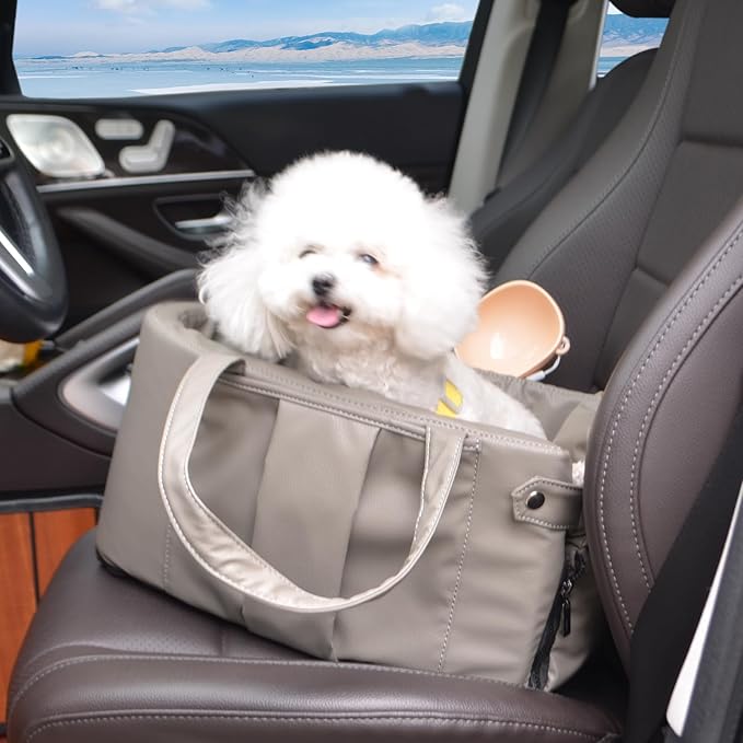 2 and 1 Center Console Dog Car Seat & Carrier for Small Dogs, Large Leather Dog Car Bed with Storage Pocket, Waterproof PVC Leather Seat Travel Bed for Front & Back Seat, Clip-On Safety Leash-PawvioPets