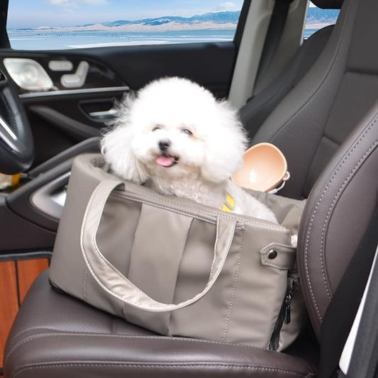 2 and 1 Center Console Dog Car Seat & Carrier for Small Dogs, Large Leather Dog Car Bed with Storage Pocket, Waterproof PVC Leather Seat Travel Bed for Front & Back Seat, Clip-On Safety Leash-PawvioPets