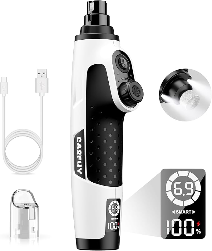 Casfuy Smart 6-Speed Dog Nail Grinder - 50% More Power Pet Nail Grinder with 2 LED Lights Quiet Rechargeable Electric Dog Nail Trimmers File Toenail Grinder for Large Medium Small Dogs & Cats (White)-PawvioPets
