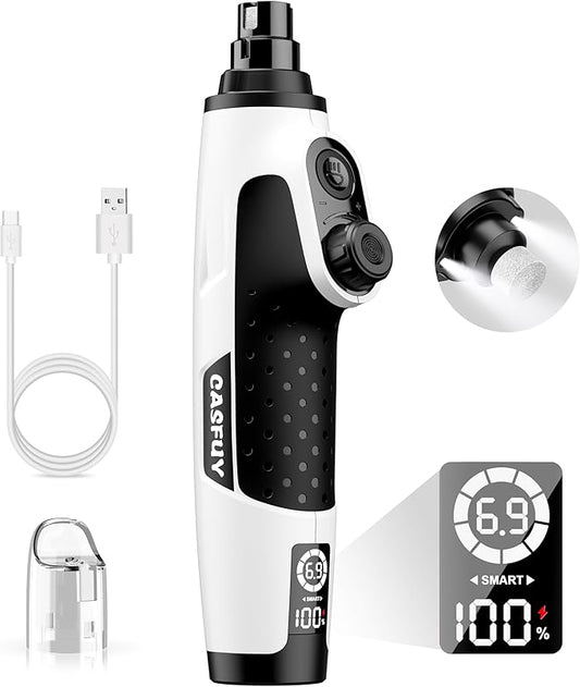 Casfuy Smart 6-Speed Dog Nail Grinder - 50% More Power Pet Nail Grinder with 2 LED Lights Quiet Rechargeable Electric Dog Nail Trimmers File Toenail Grinder for Large Medium Small Dogs & Cats (White)-PawvioPets