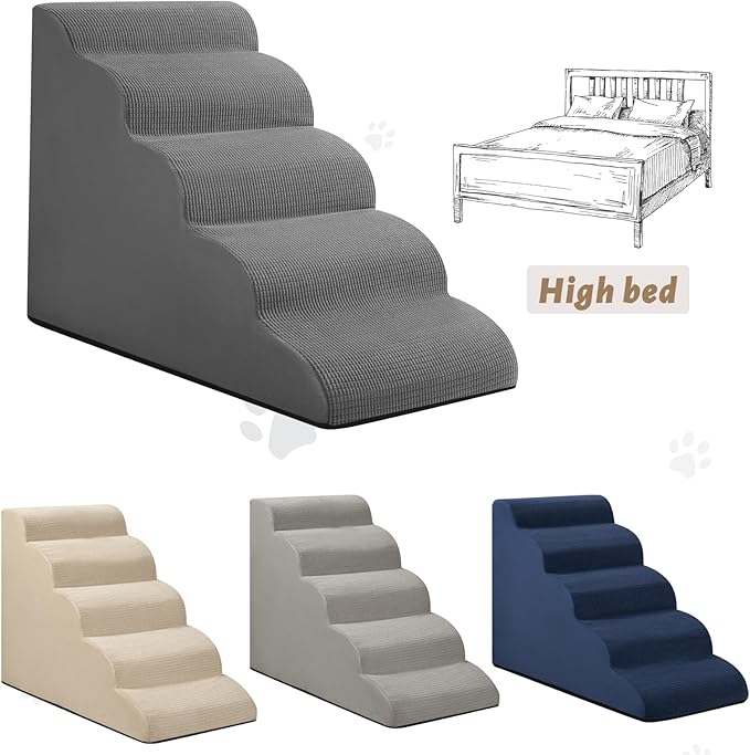 5-Step Dog Stairs and Ramp for High Bed, Non-Slip Sturdy Pet Steps for Small Dogs and Cats,22.2" H,Grey-PawvioPets
