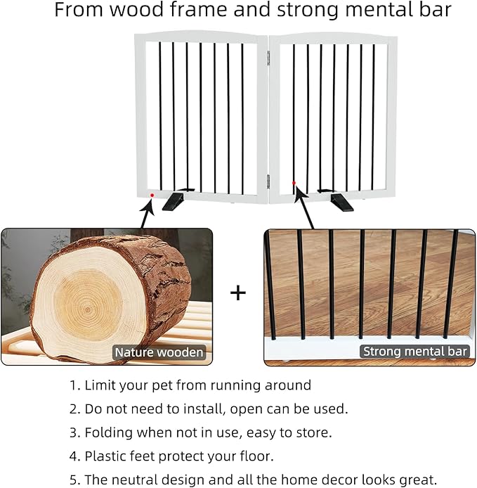 Freestanding Panel Gate for Indoor Doorways, Stairs, or Hallways, Foldable Wooden Gate for Dogs, Support Feet Included, 24" Height - 2 Panels, White-PawvioPets