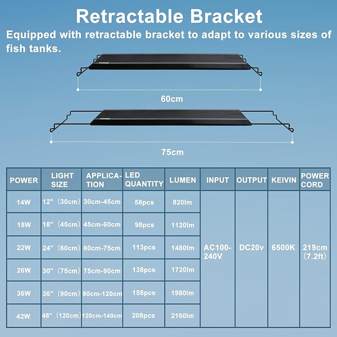 24/7 LED Aquarium Light, IP68 Waterproof Extendable Bracket Fish Tank Light with Timer, 7 Colors, 10 Level Adjustable Brightness, DIY Mode Full Spectrum Aquarium Plant Light for 24-30 Inch Fish Tank-PawvioPets