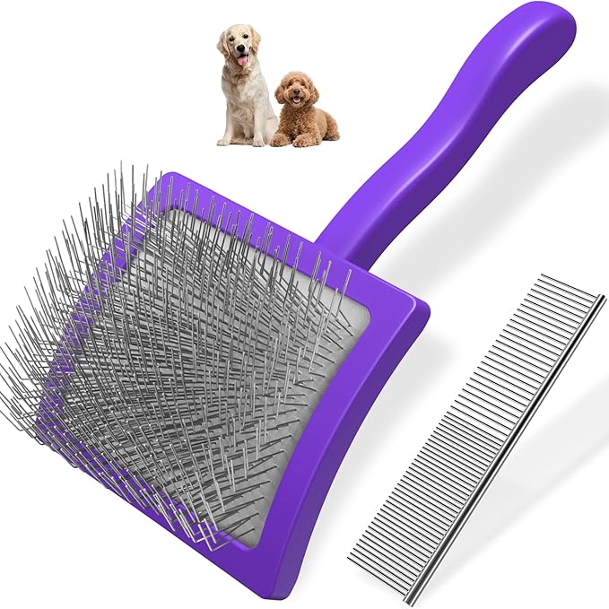 2PCS Slicker Brush for Dogs & Pet Comb,Professional Dog Grooming Brush (Goldendoodles,Poodles,Labradoodles) with Extra Long Pins to Effectively Remove Tangles, Knots and Mats (Purple)-PawvioPets