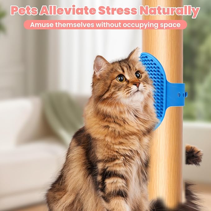 4Pcs Silicone Cat Grooming Brush Set, Multi-Functional Cat Self Groomer for Indoor Cats, Wall Mounted Face Scratchers, Grooming Strap Pad for Sofa & Chair Legs (Blue, Red)-PawvioPets