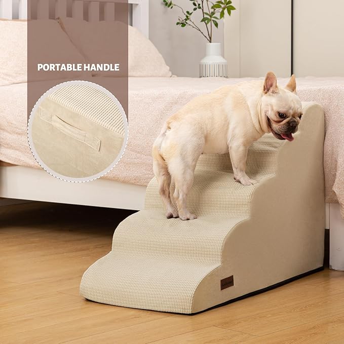 5-Step Dog Stairs and Ramp for High Bed,Non-Slip Sturdy Pet Steps for Small Dogs and Cats,22.2" H,Beige-PawvioPets