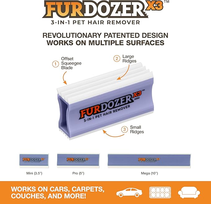 FurDozer X3 MINI Pet Hair Remover & Auto Detailing Tool - Cat & Dog Hair Remover for Carpet, Car Interior, Couch, Bedding, & Furniture - Reusable Pet Hair Removal Tool for Dog Fur & Lint, 3.5", Purple-PawvioPets