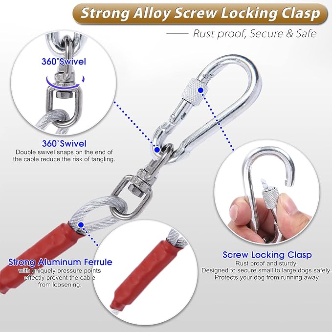 Dog Tie Out Cable for Dogs Outside Up to 125/250lbs,10/20/30/50FT Long Dog Leashe&Chains,Small-Large Dogs Runner Cable for Yard,Heavy Duty Lead Line for Outdoor,Camping,Yard(250lbs 30FT, Silver)-PawvioPets