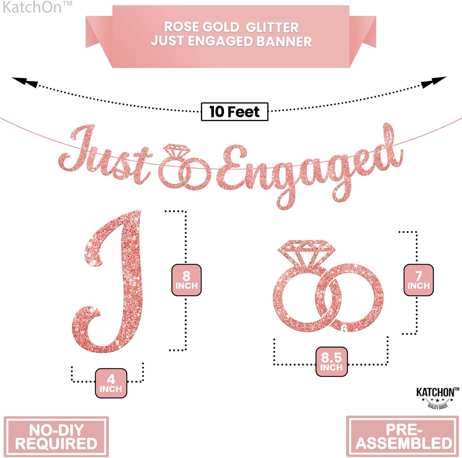 KatchOn Glitter Rose Gold Engagement Banner - 10 Feet, No DIY | Engagement Party Decorations | Just Engaged Sign