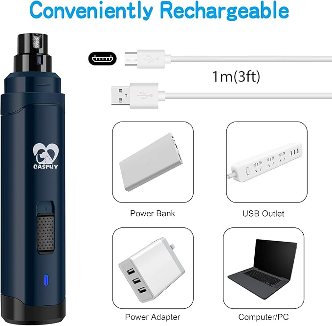Casfuy Dog Nail Grinder Upgraded - Professional 2-Speed Electric Rechargeable Pet Nail Trimmer Painless Paws Grooming & Smoothing for Small Medium Large Dogs & Cats(Dark Blue)-PawvioPets